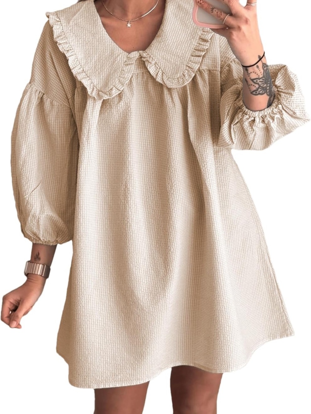 Ruffled Collar Long Sleeve Mini Dress in Cream